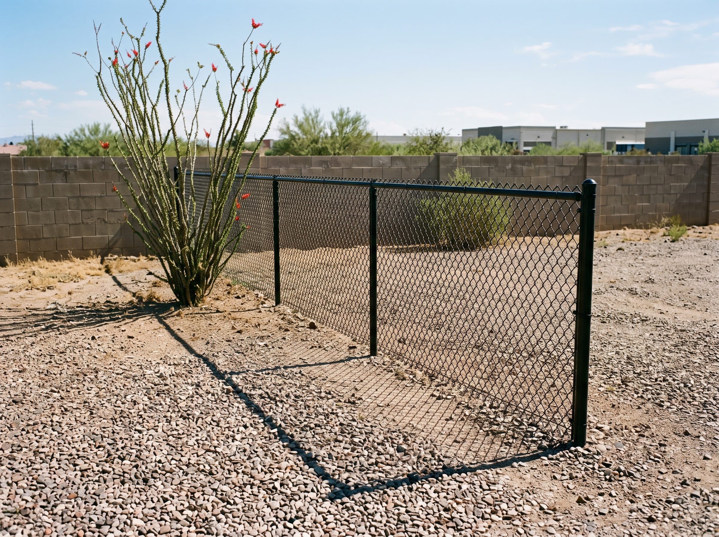 Black vinyl-coated chain link fence with top rail on a gravel lot