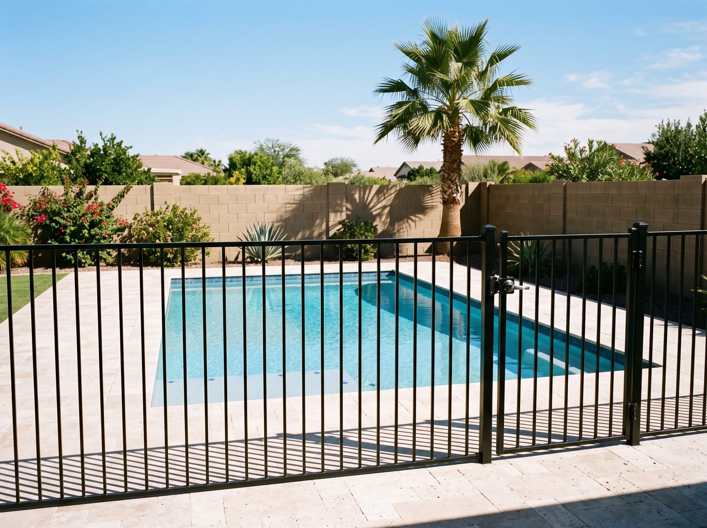 Five-foot black aluminium pool fence with self-closing gate around a backyard pool