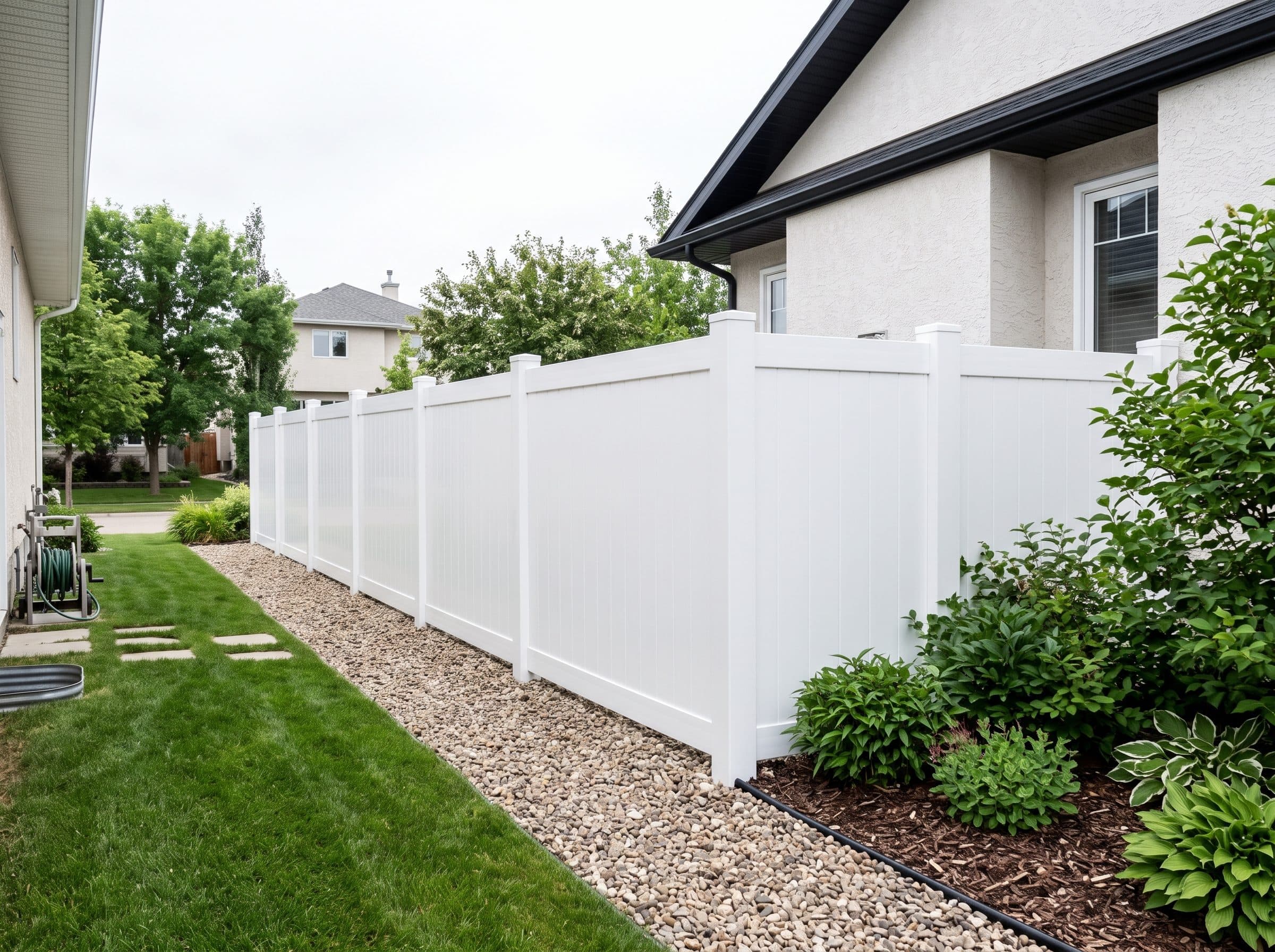 White vinyl privacy fence along a gravel side yard