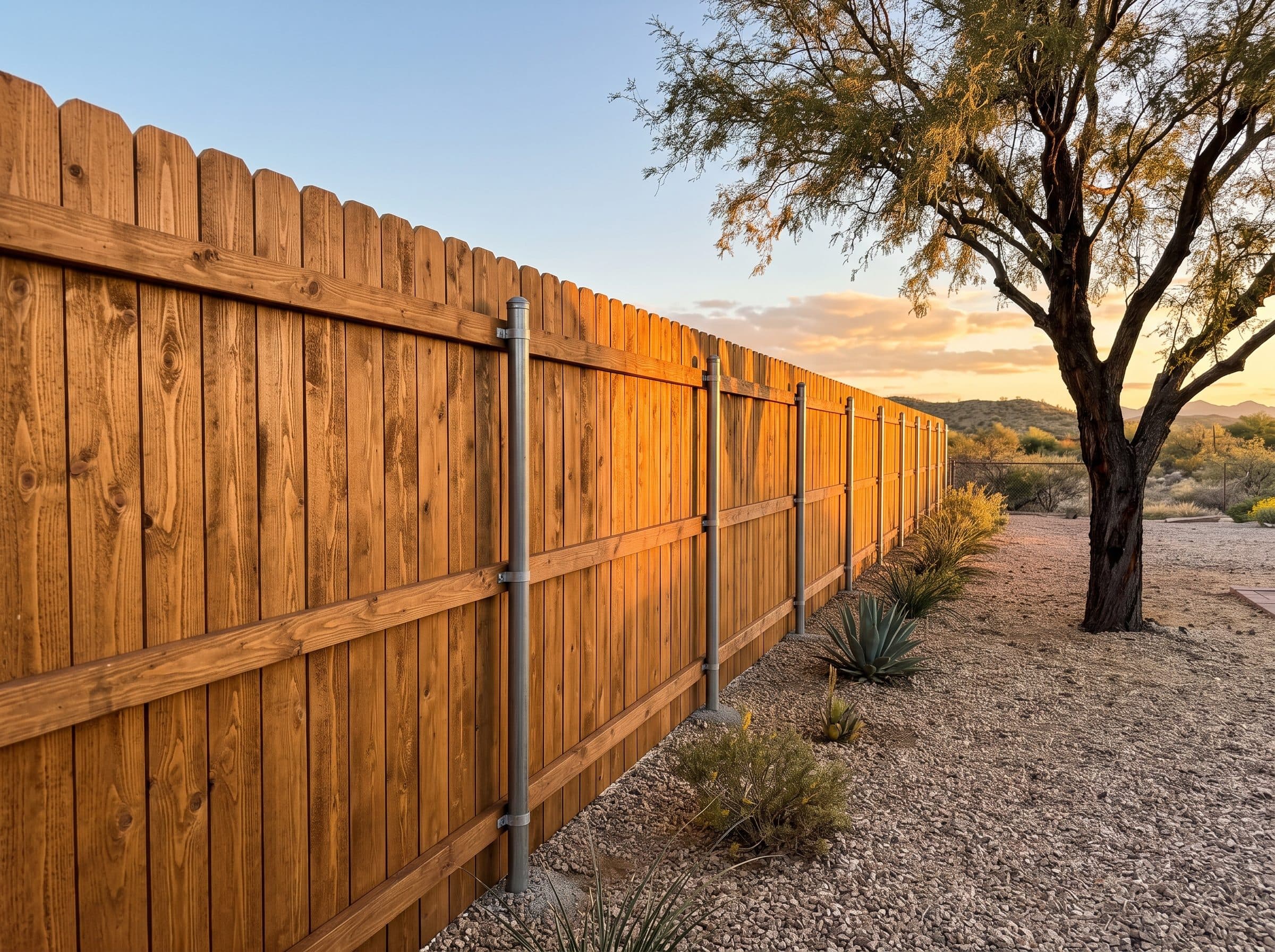 Stained cedar privacy fence on steel posts in a Mesa backyard