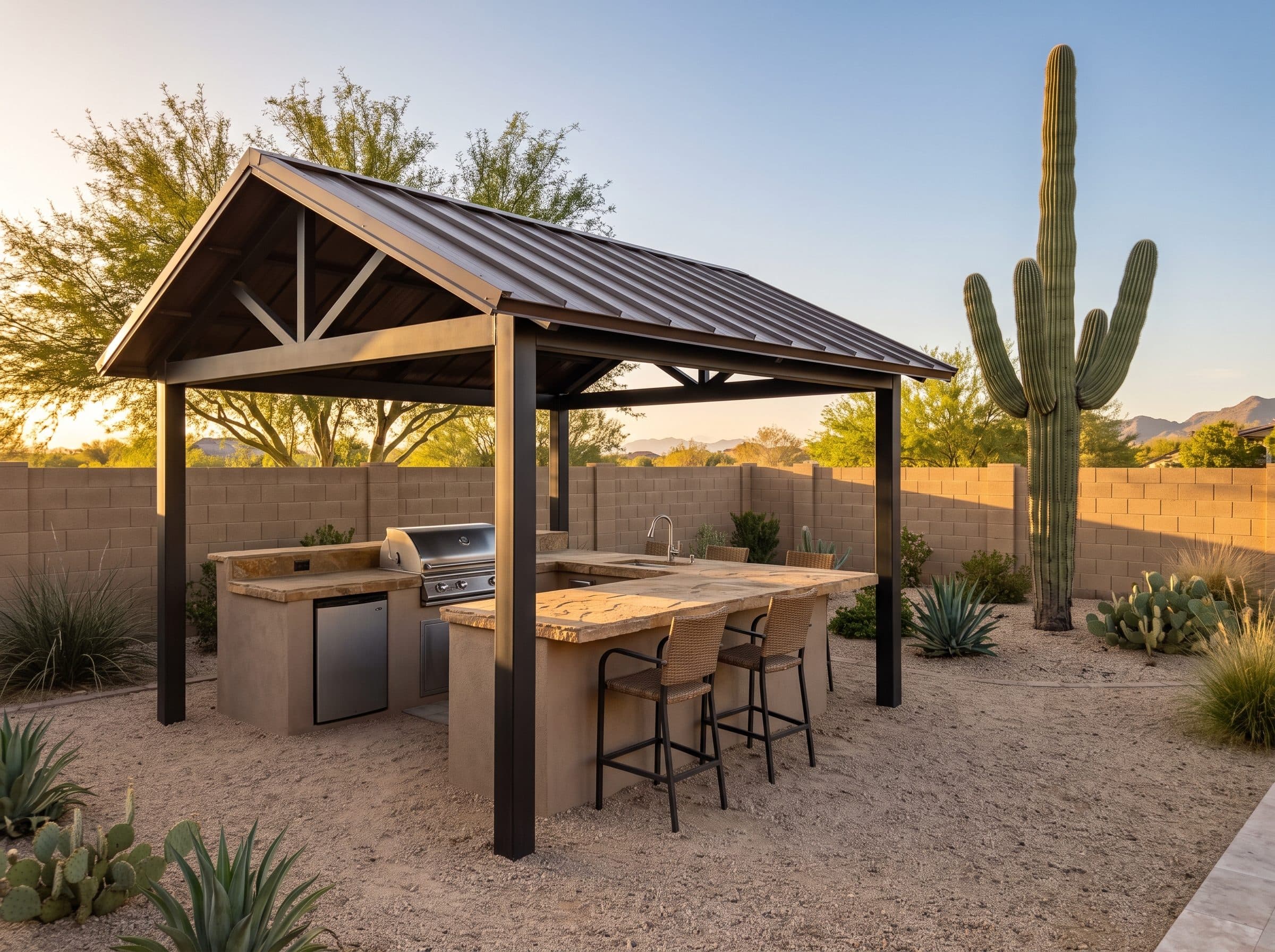 Steel-framed ramada with standing-seam metal roof over an outdoor kitchen