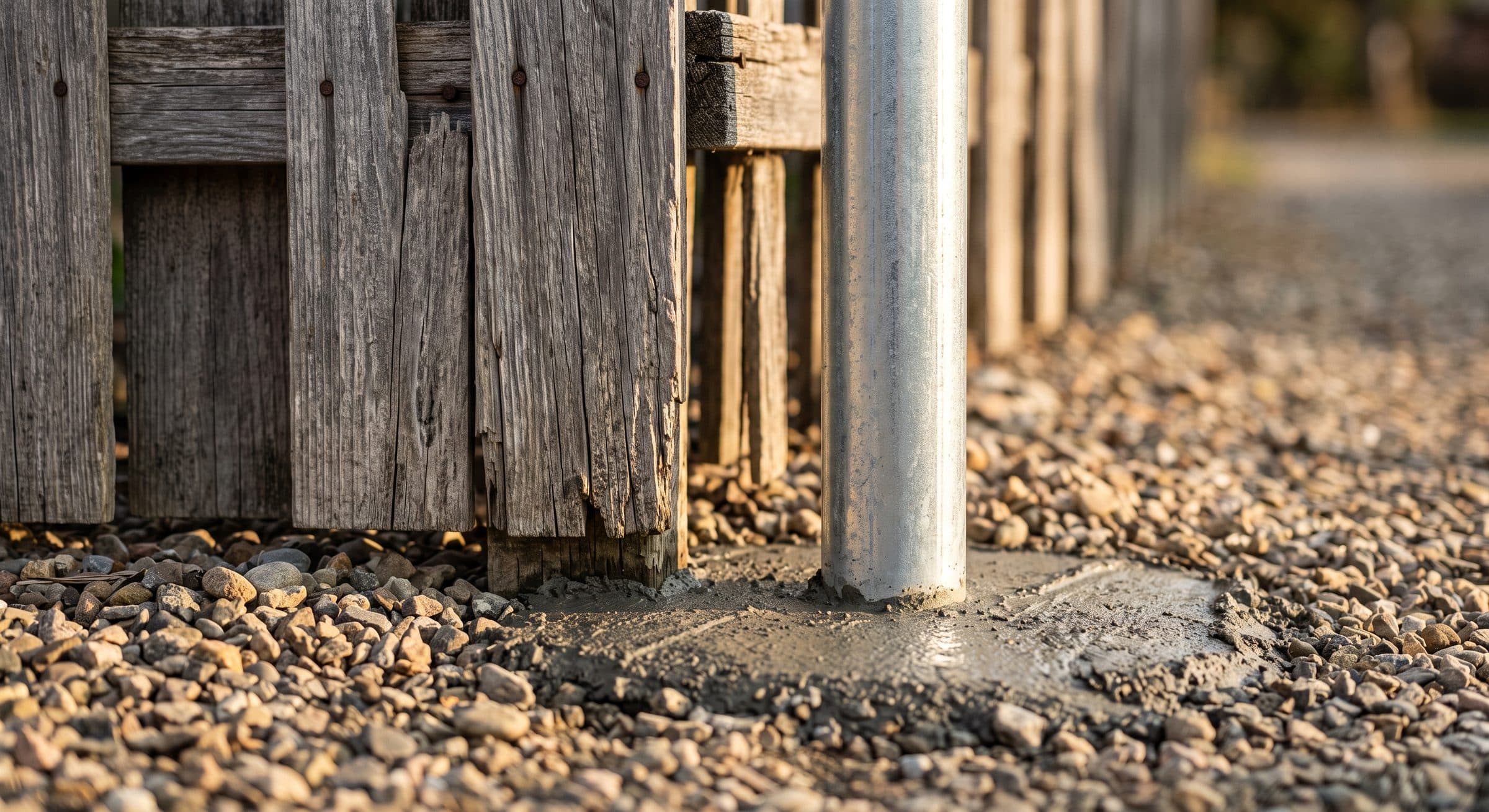 New steel post set in fresh concrete beside sun-greyed fence boards