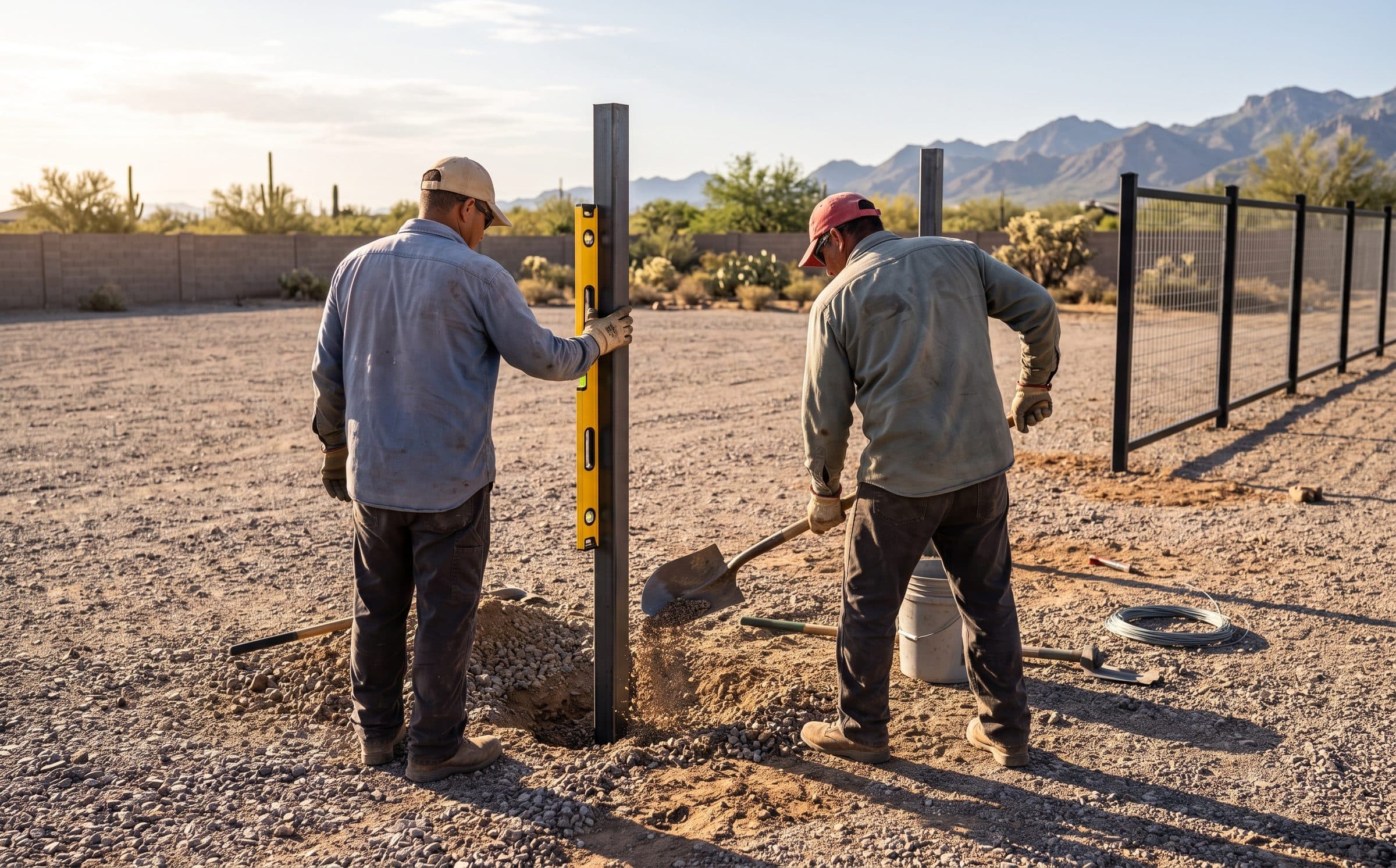 Two Sunstone crew members setting a steel fence post in a gravel yard