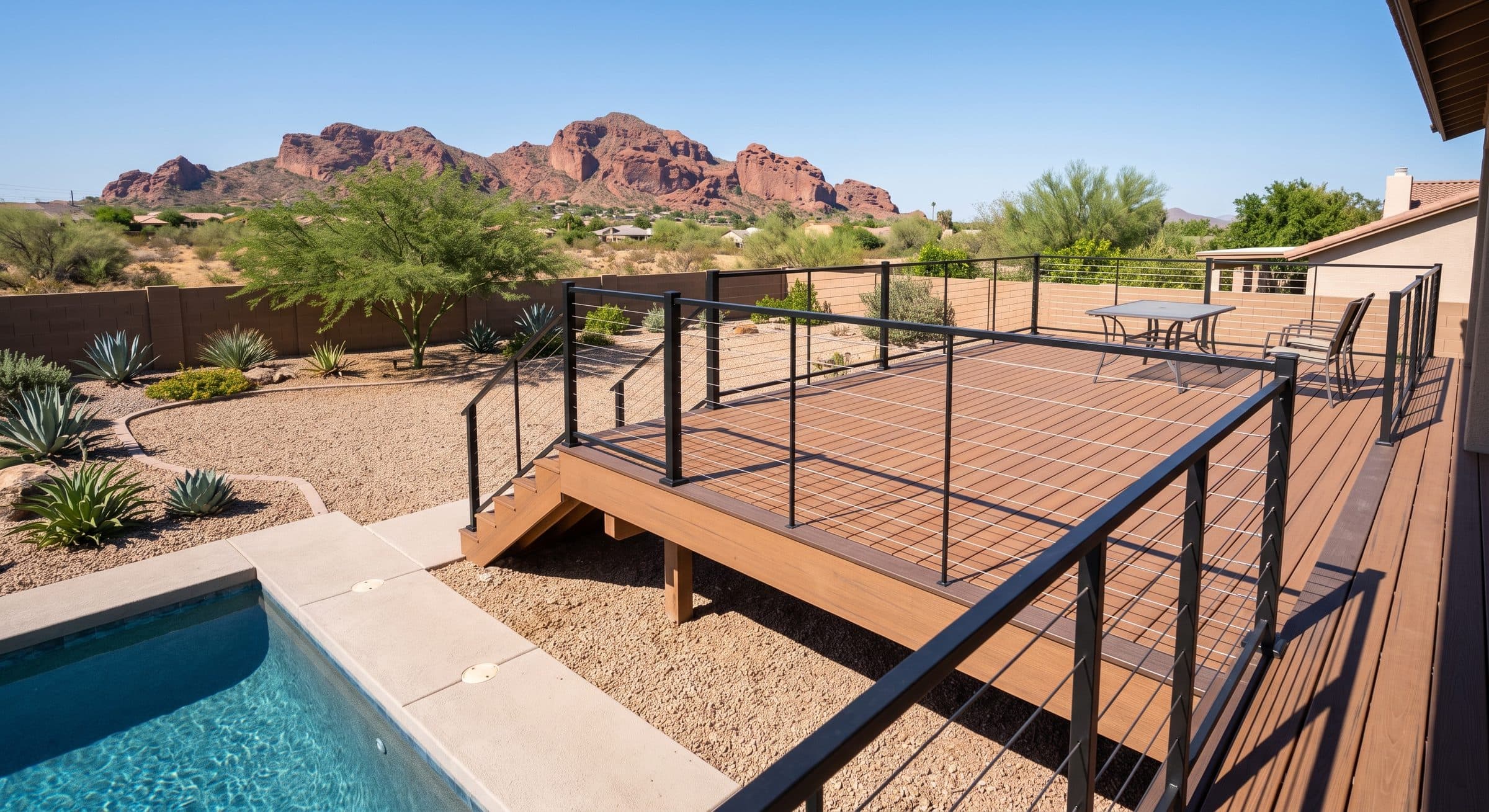 Raised composite deck with cable railing overlooking a pool and desert mountains
