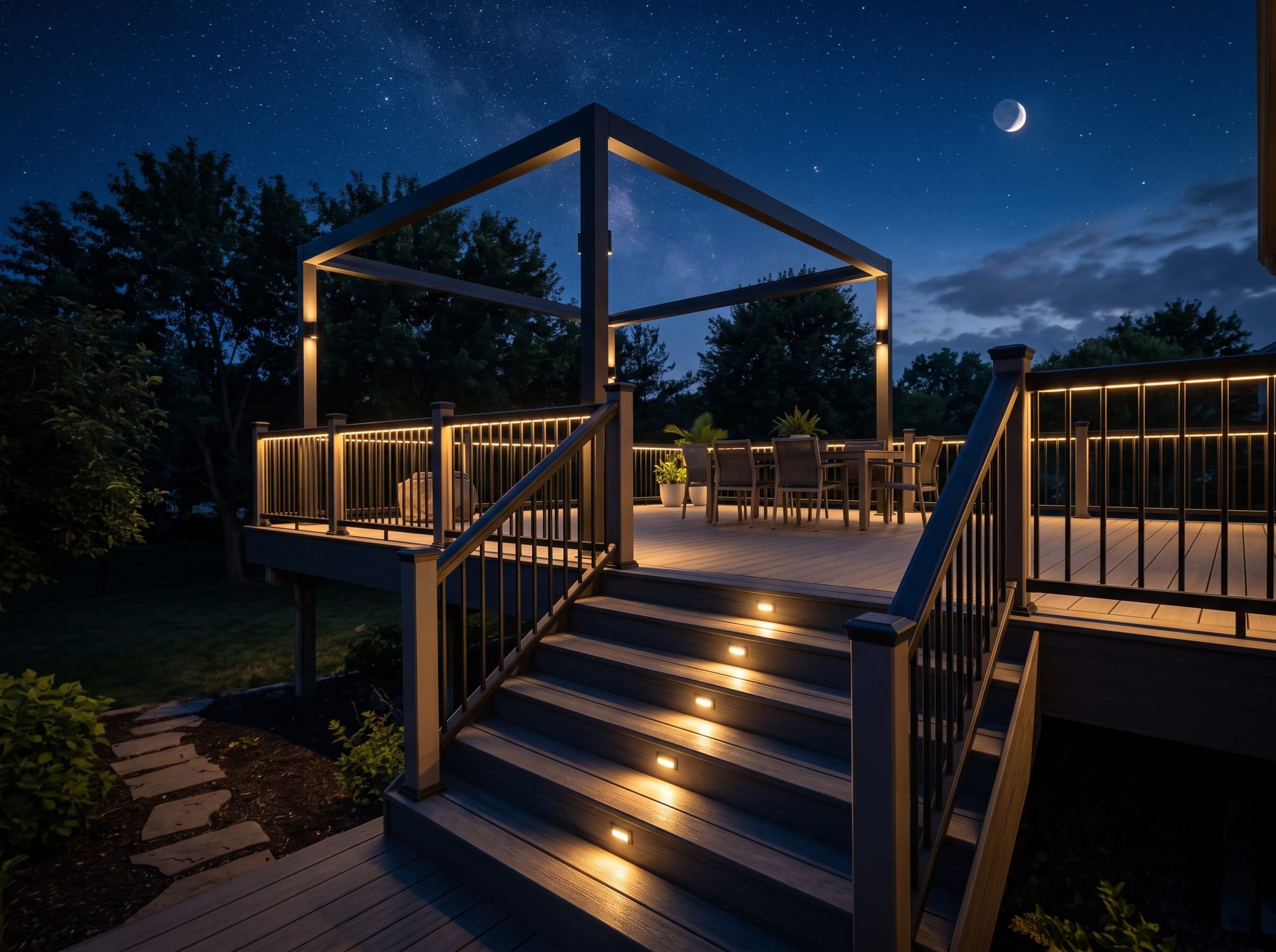 Composite deck and pergola lit by under-rail lighting at night