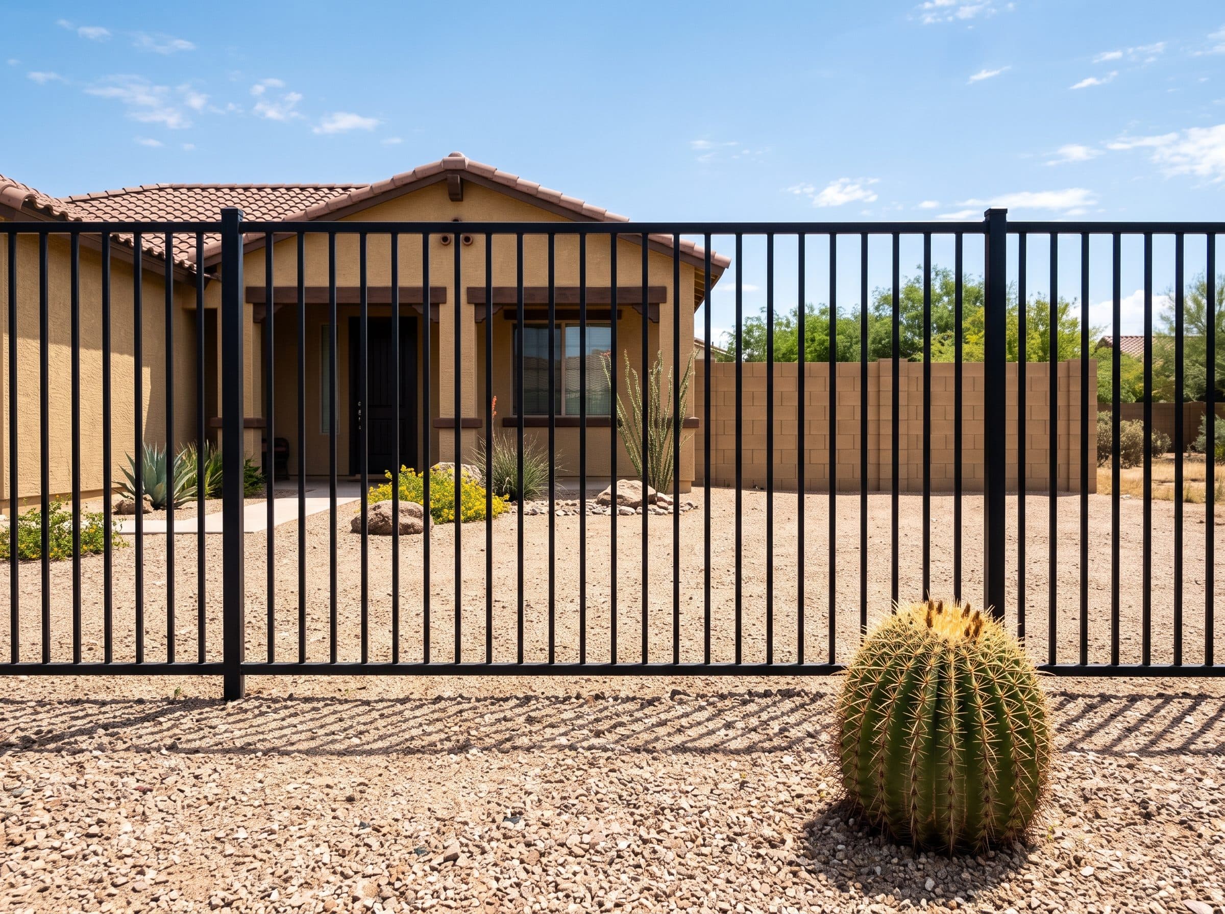Six-foot black wrought iron fence along a decomposed granite front yard