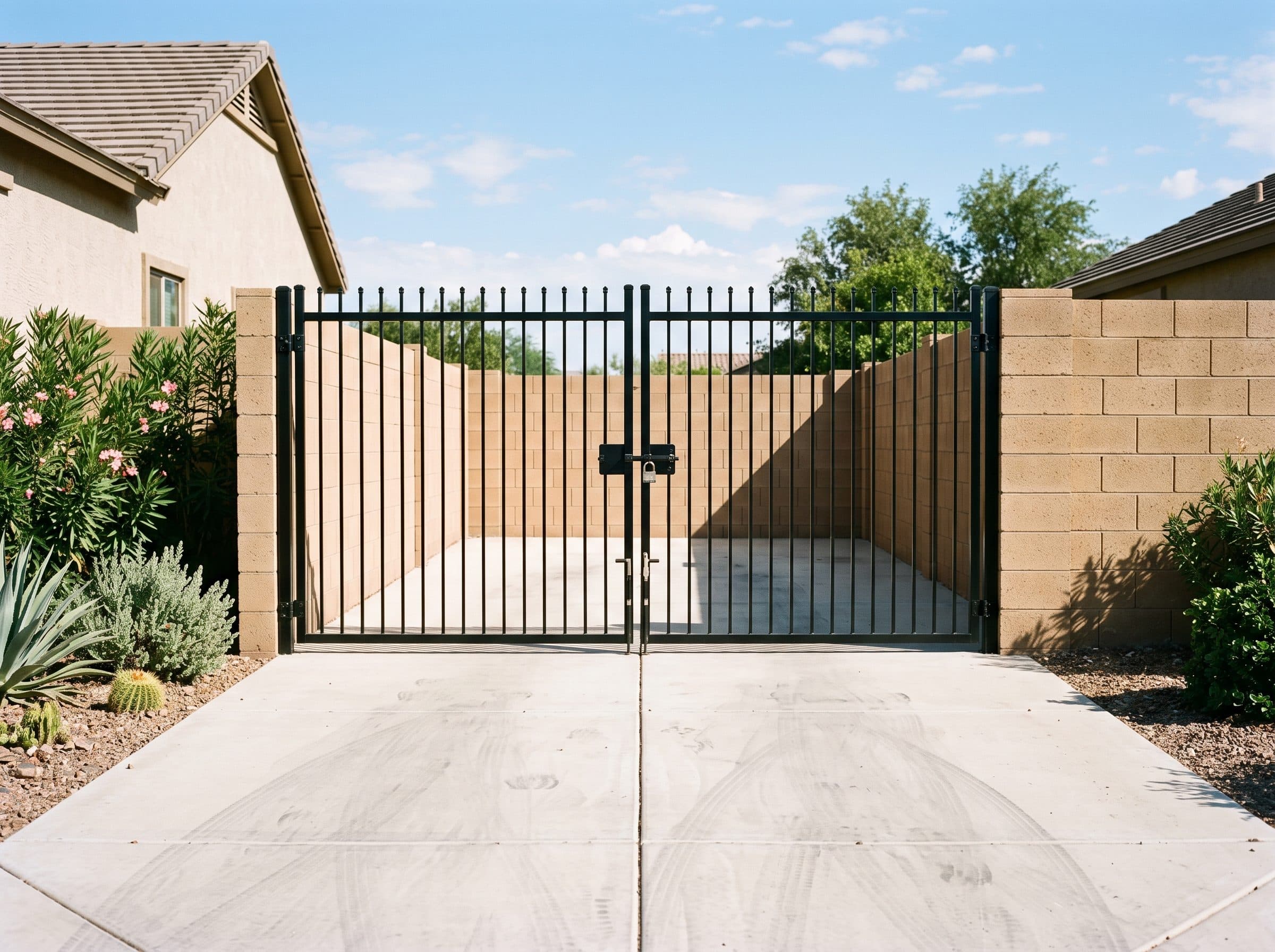 Twelve-foot double-swing steel RV gate set into a tan block wall