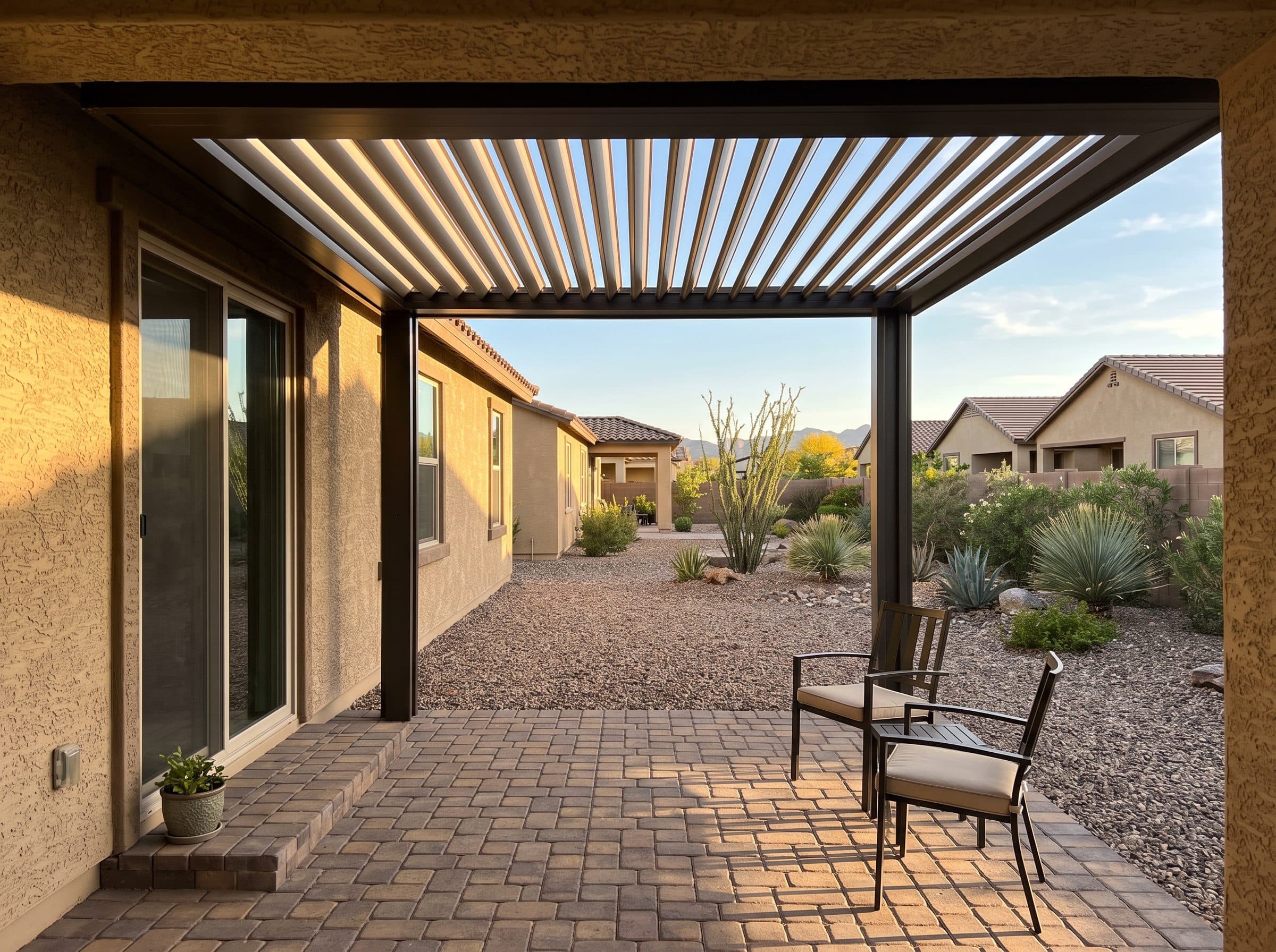 Attached aluminium louvred roof over a patio, louvres half open