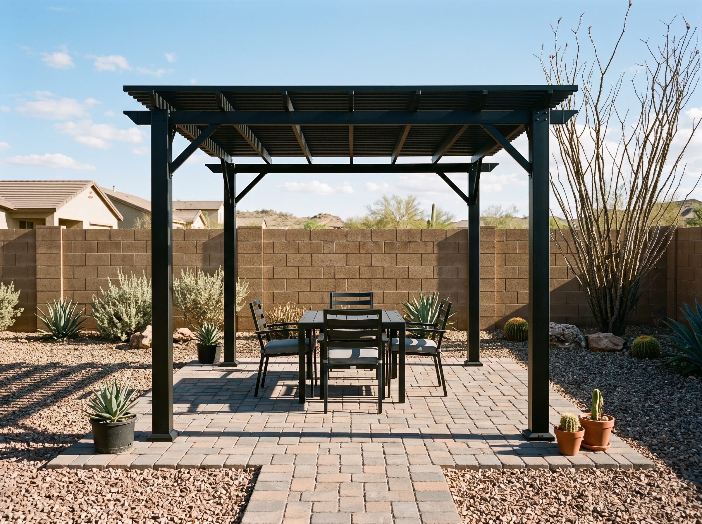 Steel pergola with slatted top casting striped shade on a paver patio